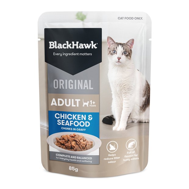 Black Hawk Wet Cat Food Adult Chicken and Seafood 12x85g - Woonona Petfood & Produce