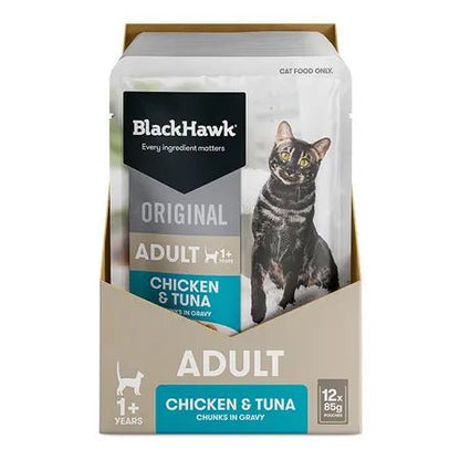 Black Hawk Wet Cat Food Adult Chicken and Tuna with Gravy 12x85g - Woonona Petfood & Produce