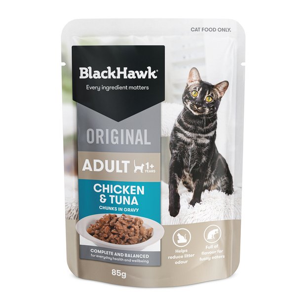 Black Hawk Wet Cat Food Adult Chicken and Tuna with Gravy 12x85g - Woonona Petfood & Produce