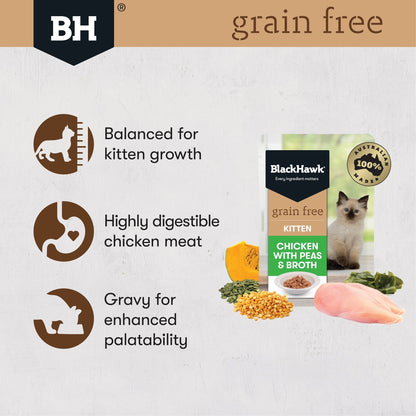 Black Hawk Wet Cat Food Grain Free Kitten Chicken with Peas & Broth 12x85g - Woonona Petfood & Produce