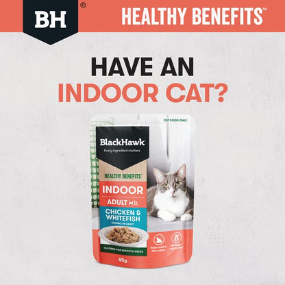Black Hawk Wet Cat Food Healthy Benefits Indoor Chicken and Whitefish 12x85g - Woonona Petfood & Produce