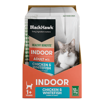 Black Hawk Wet Cat Food Healthy Benefits Indoor Chicken and Whitefish 12x85g - Woonona Petfood & Produce
