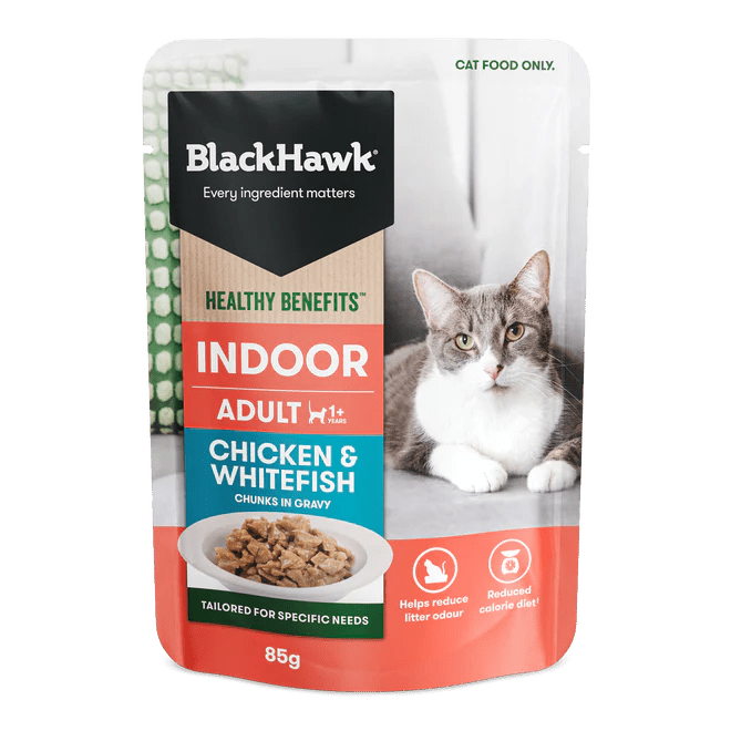 Black Hawk Wet Cat Food Healthy Benefits Indoor Chicken and Whitefish 12x85g - Woonona Petfood & Produce