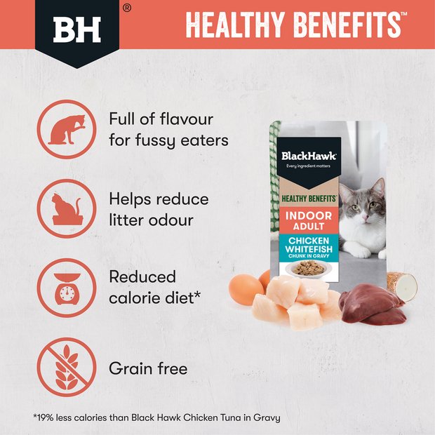 Black Hawk Wet Cat Food Healthy Benefits Indoor Chicken and Whitefish 12x85g - Woonona Petfood & Produce