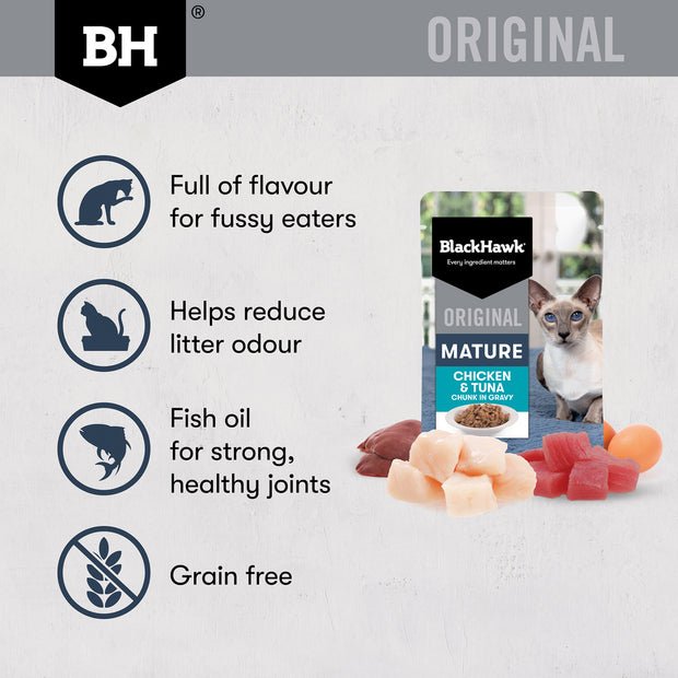 Black Hawk Wet Cat Food Healthy Benefits Mature 7+ Chicken and Tuna 12x85g - Woonona Petfood & Produce