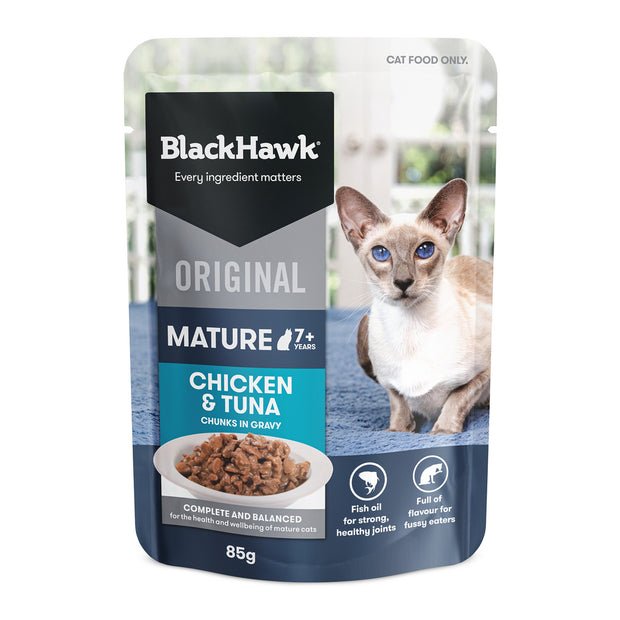 Black Hawk Wet Cat Food Healthy Benefits Mature 7+ Chicken and Tuna 12x85g - Woonona Petfood & Produce