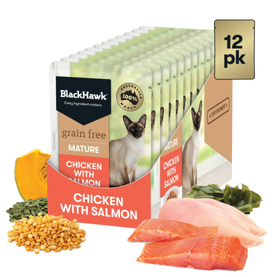 Black Hawk Wet Cat Food Mature Chicken with Salmon 12x85g - Woonona Petfood & Produce