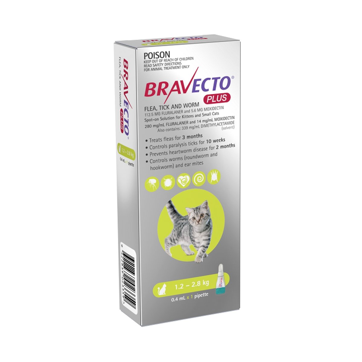 Bravecto Plus Cat 1.2KG - 2.8kg 1 Pack - Woonona Petfood & Produce