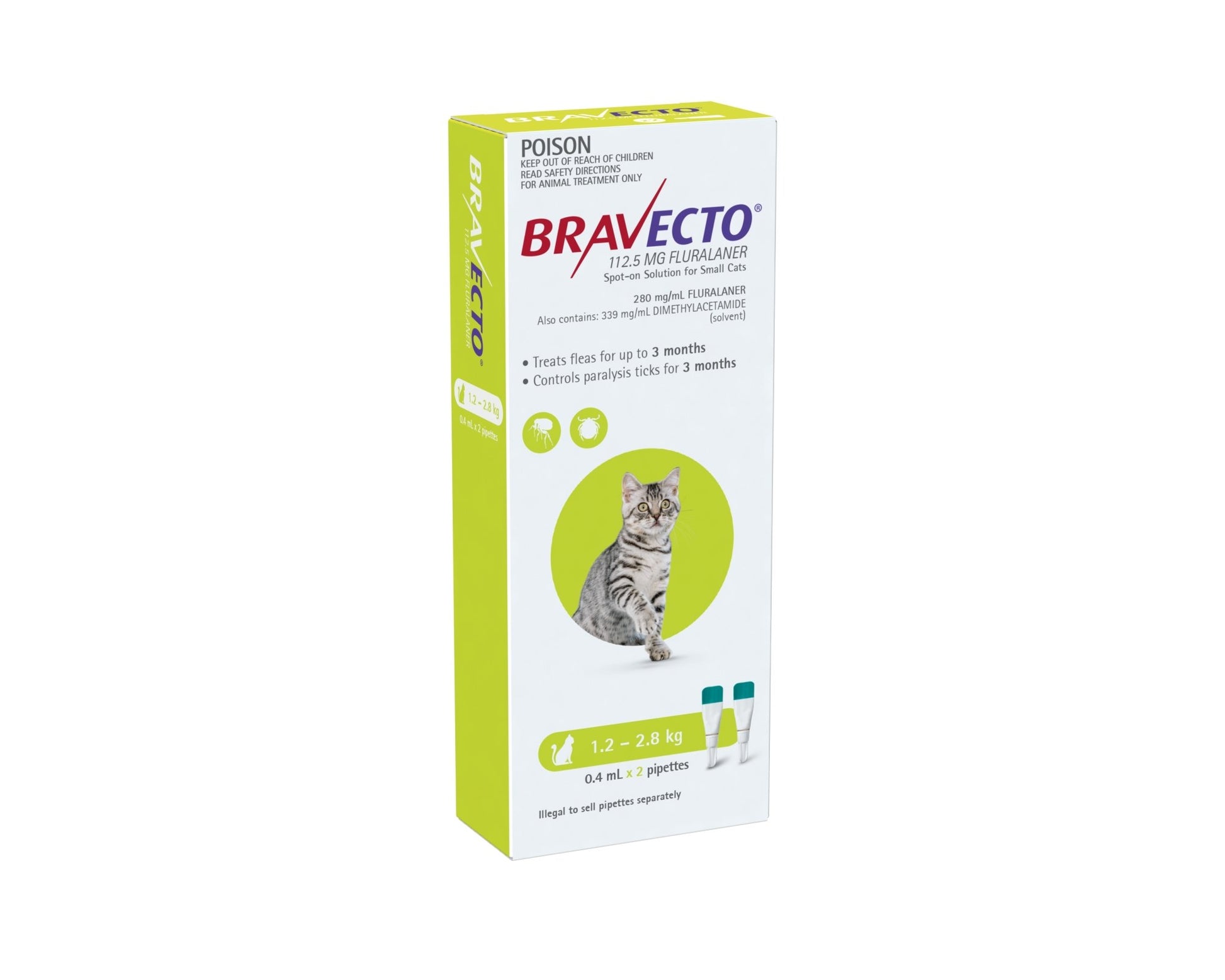 Bravecto Spot On for Cats 1.2 - 2.8kg 2 Pack Green - Woonona Petfood & Produce