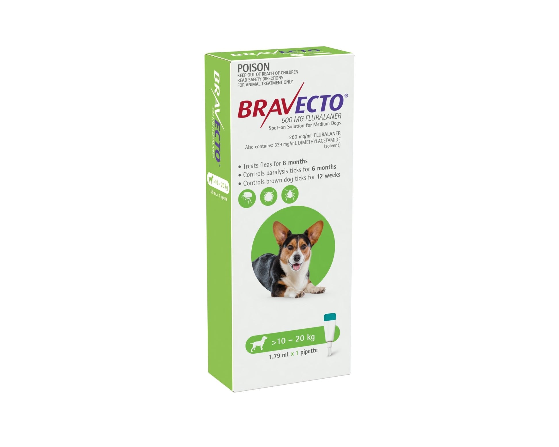 Bravecto Spot On for Dogs 10-20kg 1 Pack Green - Woonona Petfood & Produce