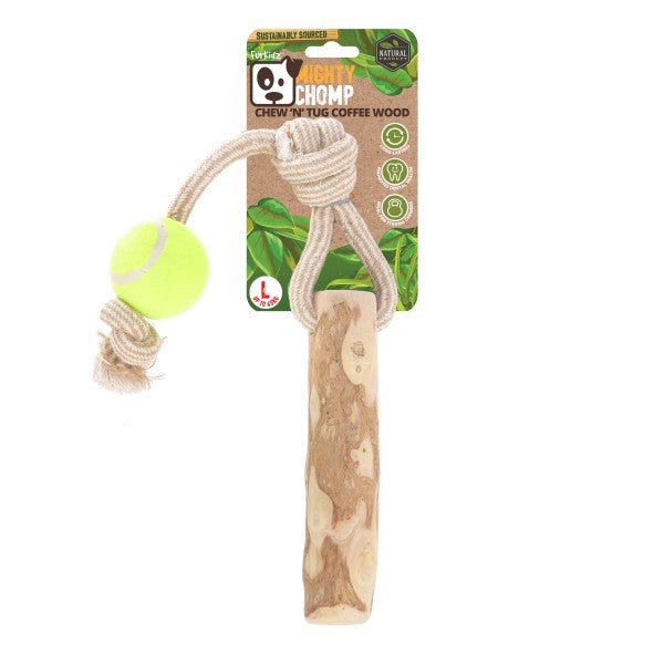 FurKidz Mighty Chomp Coffee Wood Rope Tugg with Tennis Ball - Woonona Petfood & Produce