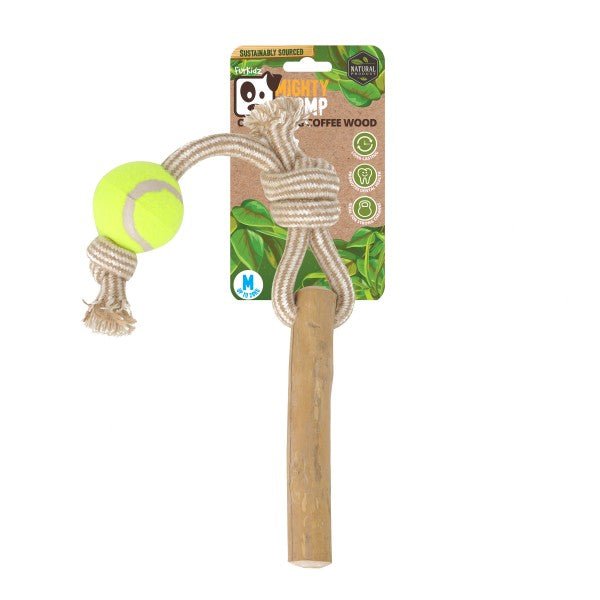 FurKidz Mighty Chomp Coffee Wood Rope Tugg with Tennis Ball - Woonona Petfood & Produce