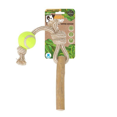 FurKidz Mighty Chomp Coffee Wood Rope Tug with Tennis Ball
