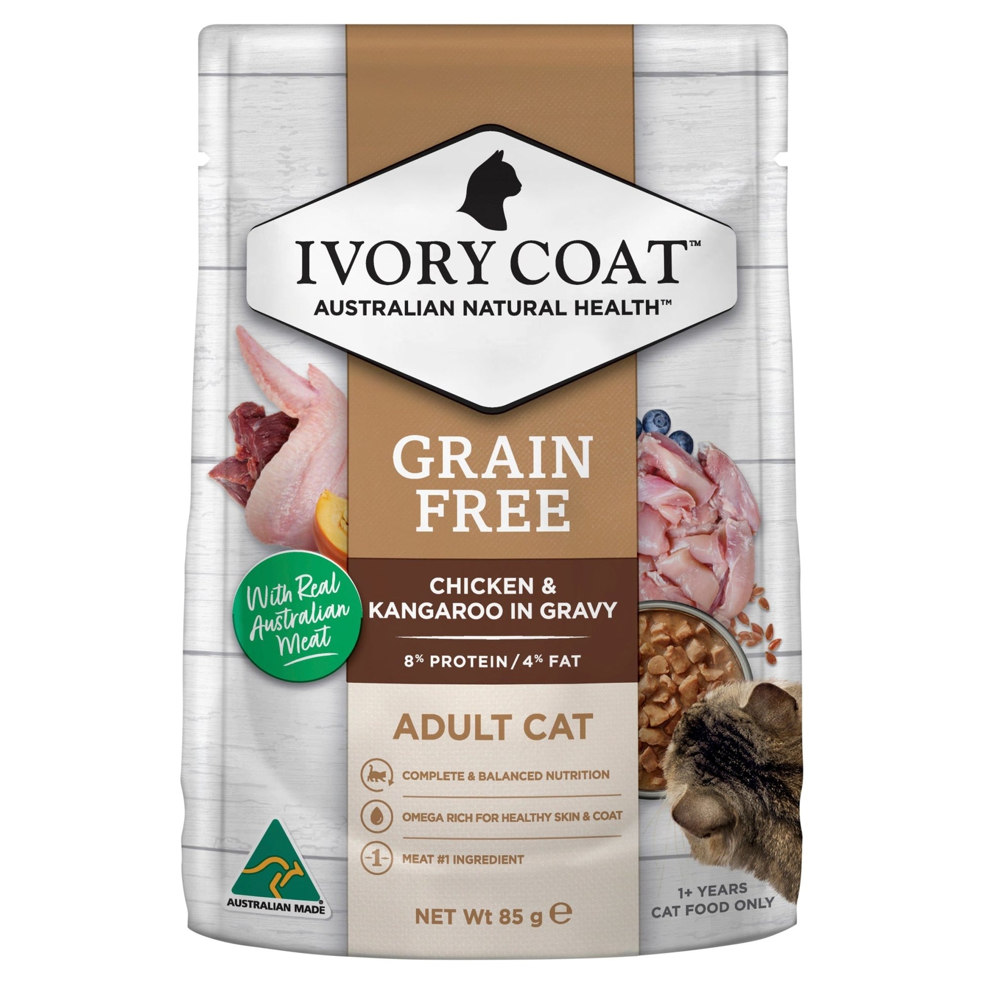 Ivory Coat Cat Adult Wet Food Chicken & Kangaroo in Gravy 12x85g - Woonona Petfood & Produce