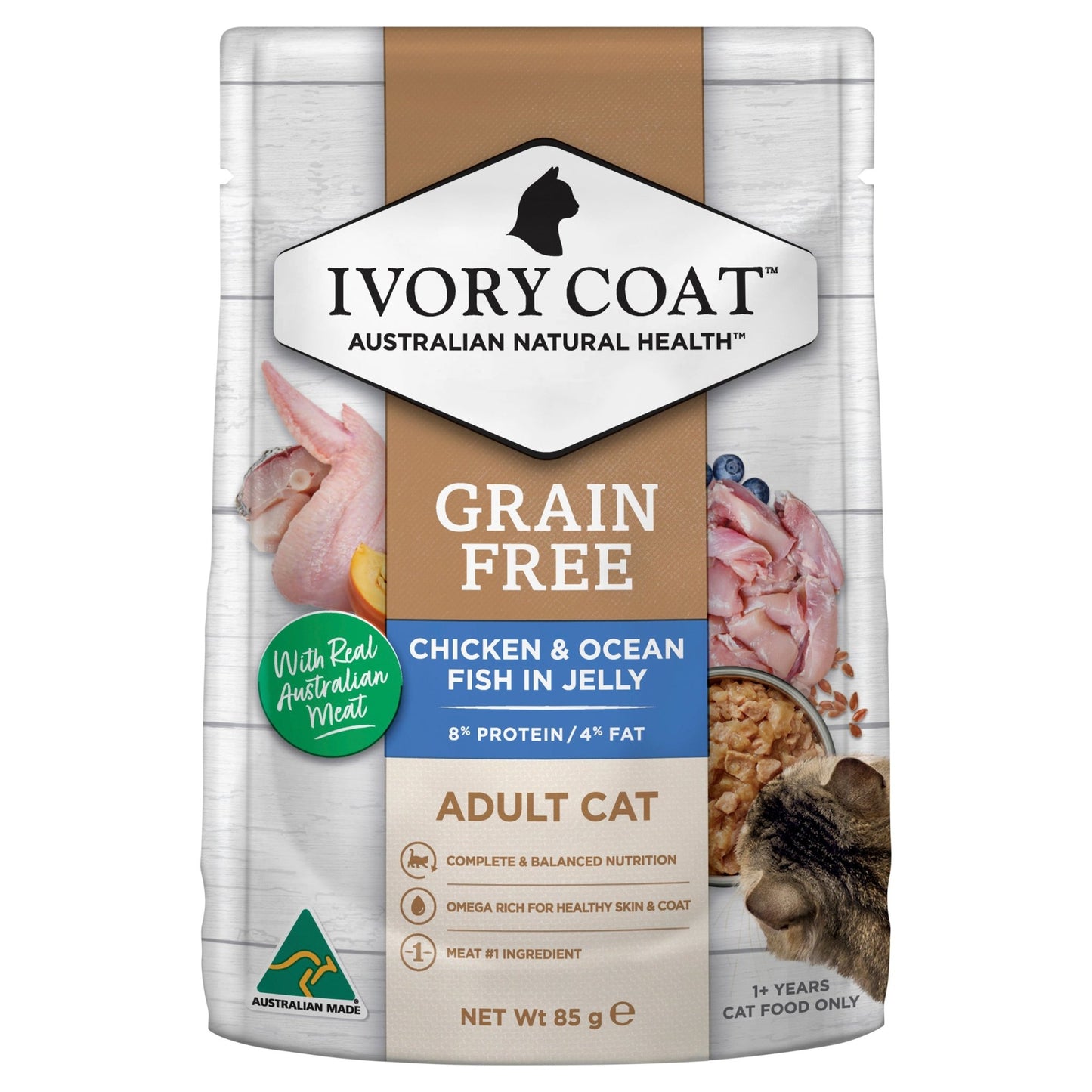 Ivory Coat Cat Wet Food Adult Chicken & Ocean Fish in Jelly 12x85g - Woonona Petfood & Produce