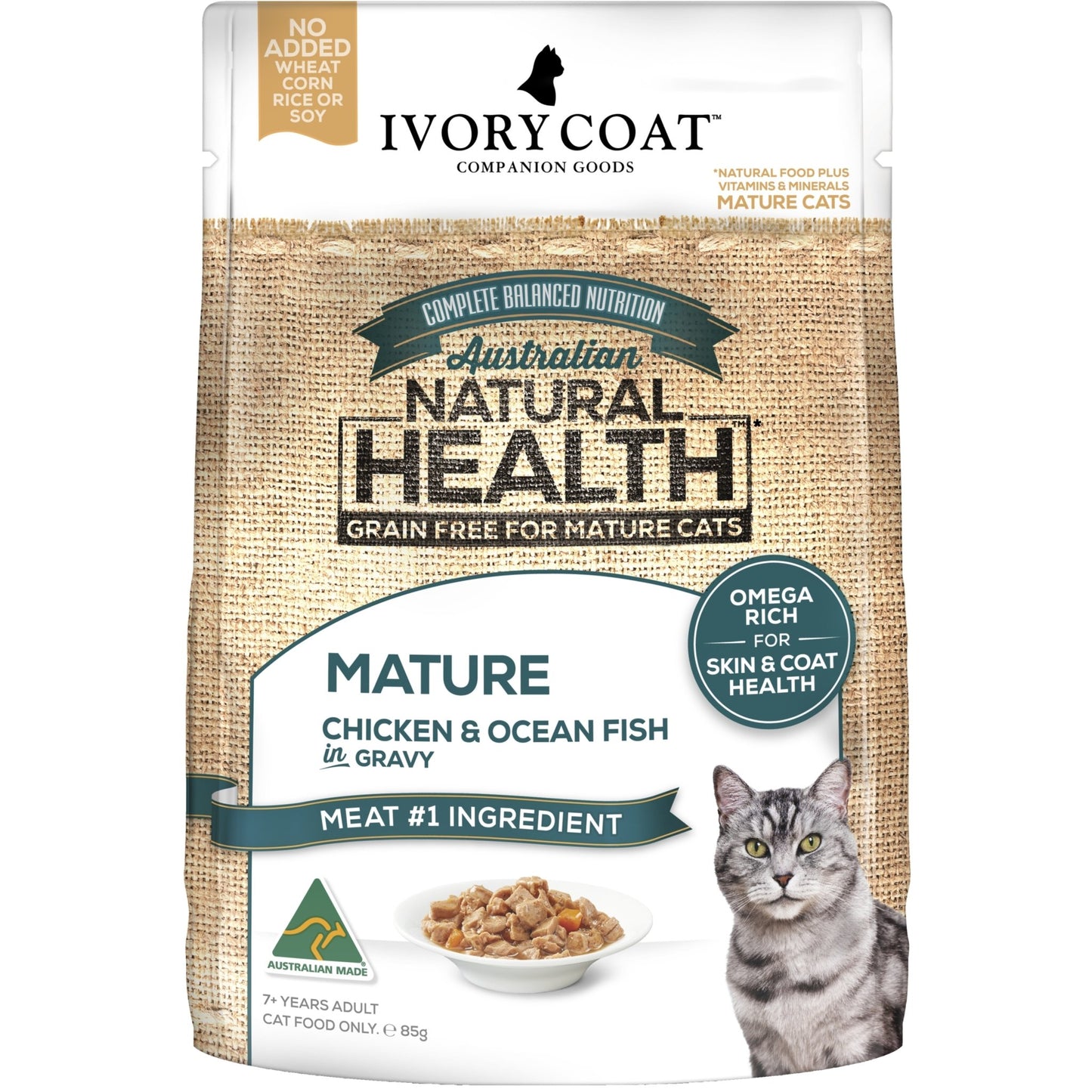 Ivory Coat Cat Wet Food Mature/Lite Chicken & Ocean Fish in Gravy 12x85g - Woonona Petfood & Produce
