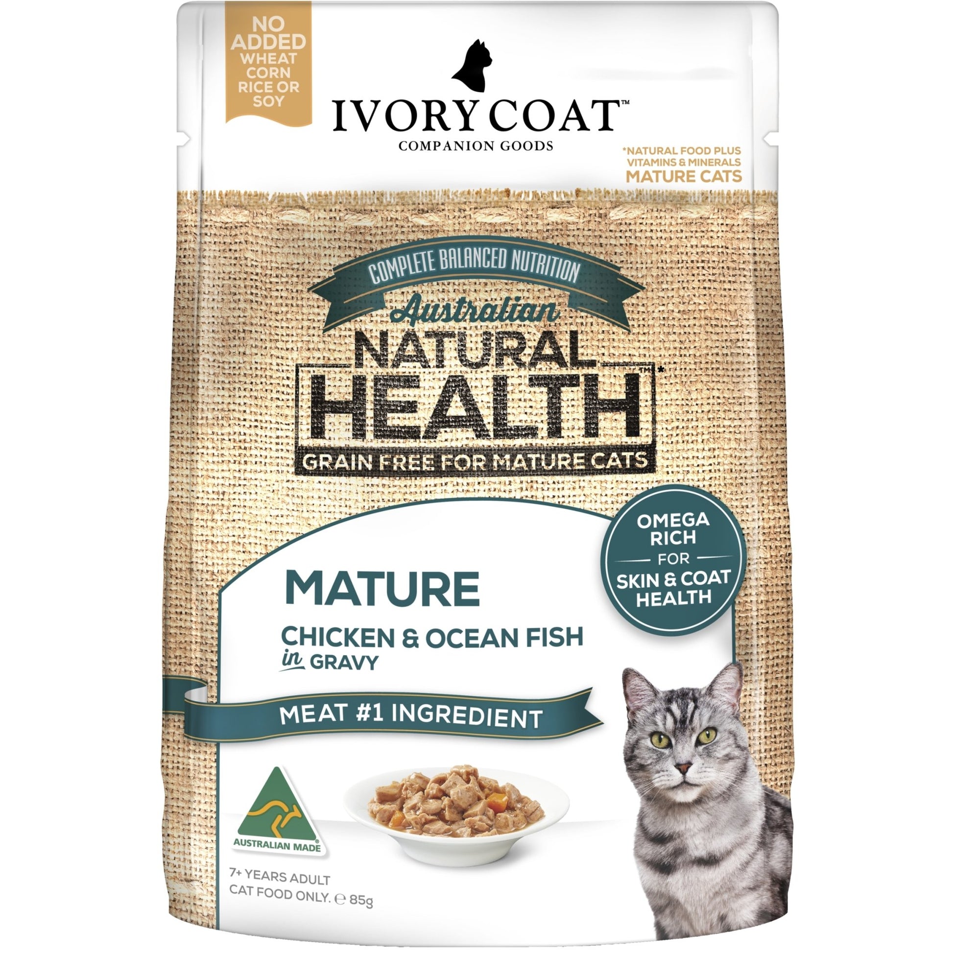 Ivory Coat Cat Wet Food Mature/Lite Chicken & Ocean Fish in Gravy 85g - Woonona Petfood & Produce