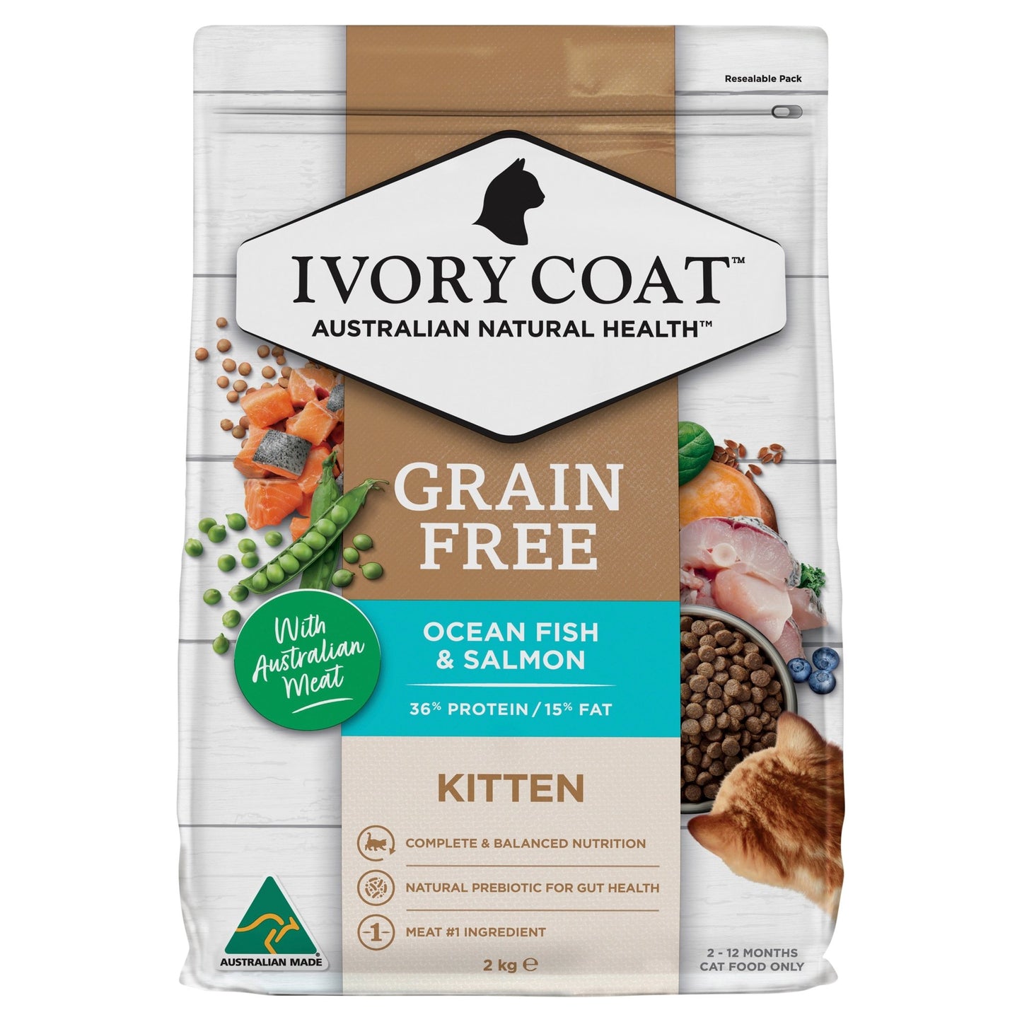 Ivory Coat Grain Free Cat Dry Food Kitten Ocean Fish 2kg - Woonona Petfood & Produce