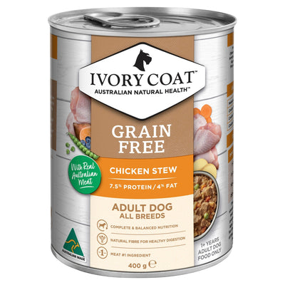 Ivory Coat Grain Free Wet Dog Food Chicken Stew 12x400g Cans - Woonona Petfood & Produce