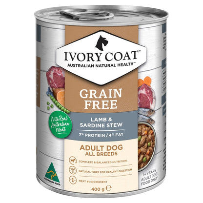 Ivory Coat Grain Free Wet Dog Food Lamb & Sardine Stew 400g Can - Woonona Petfood & Produce