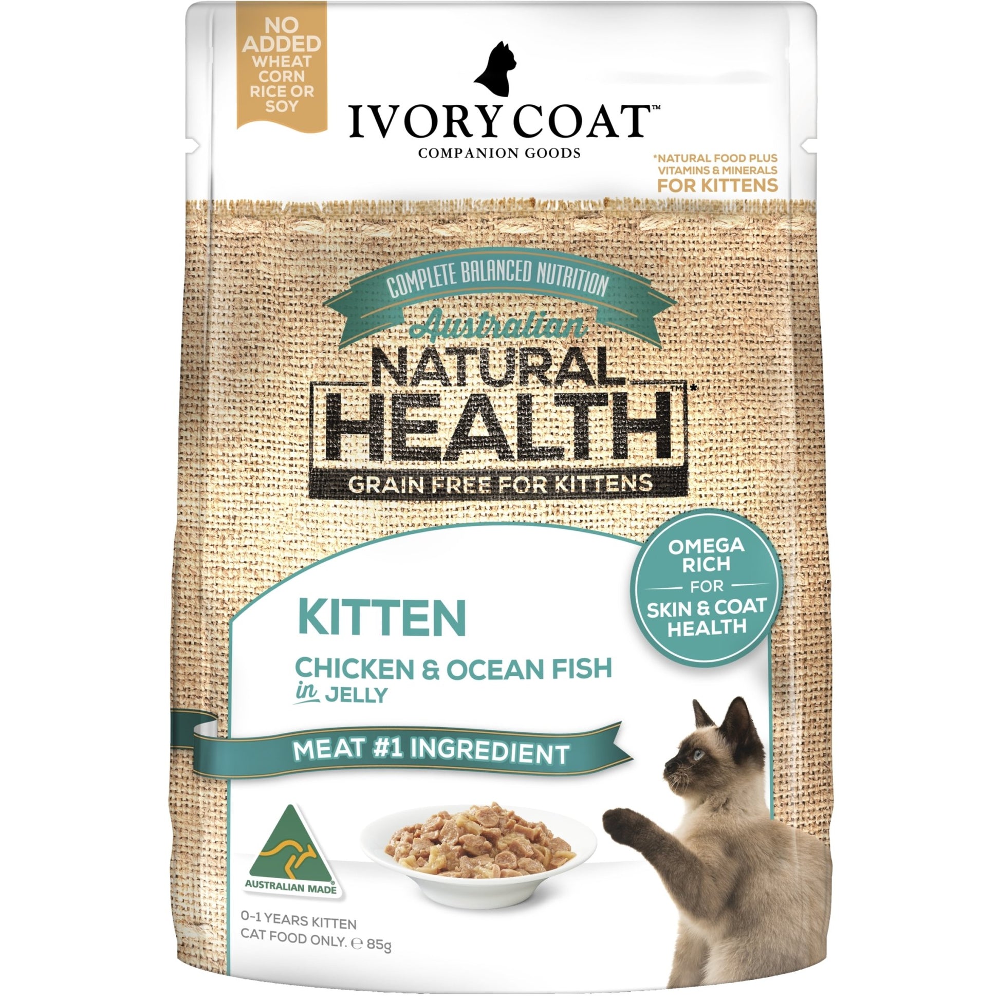 Ivory Coat Kitten Dry Food Chicken & Ocean Fish in Jelly 12x85g - Woonona Petfood & Produce