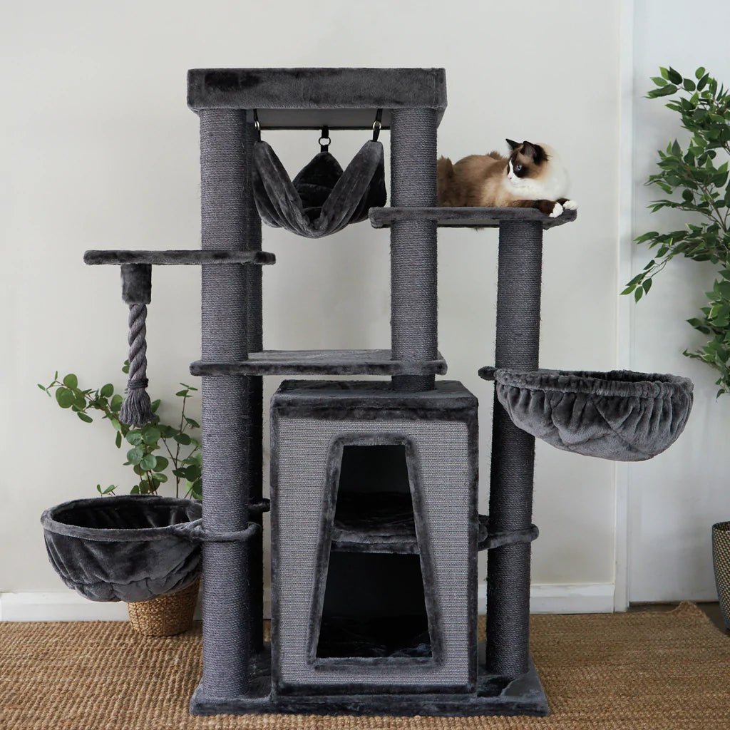 Kazoo Cat Scratch Post Kitty Tall Cubby Playground Charcoal - Woonona Petfood & Produce