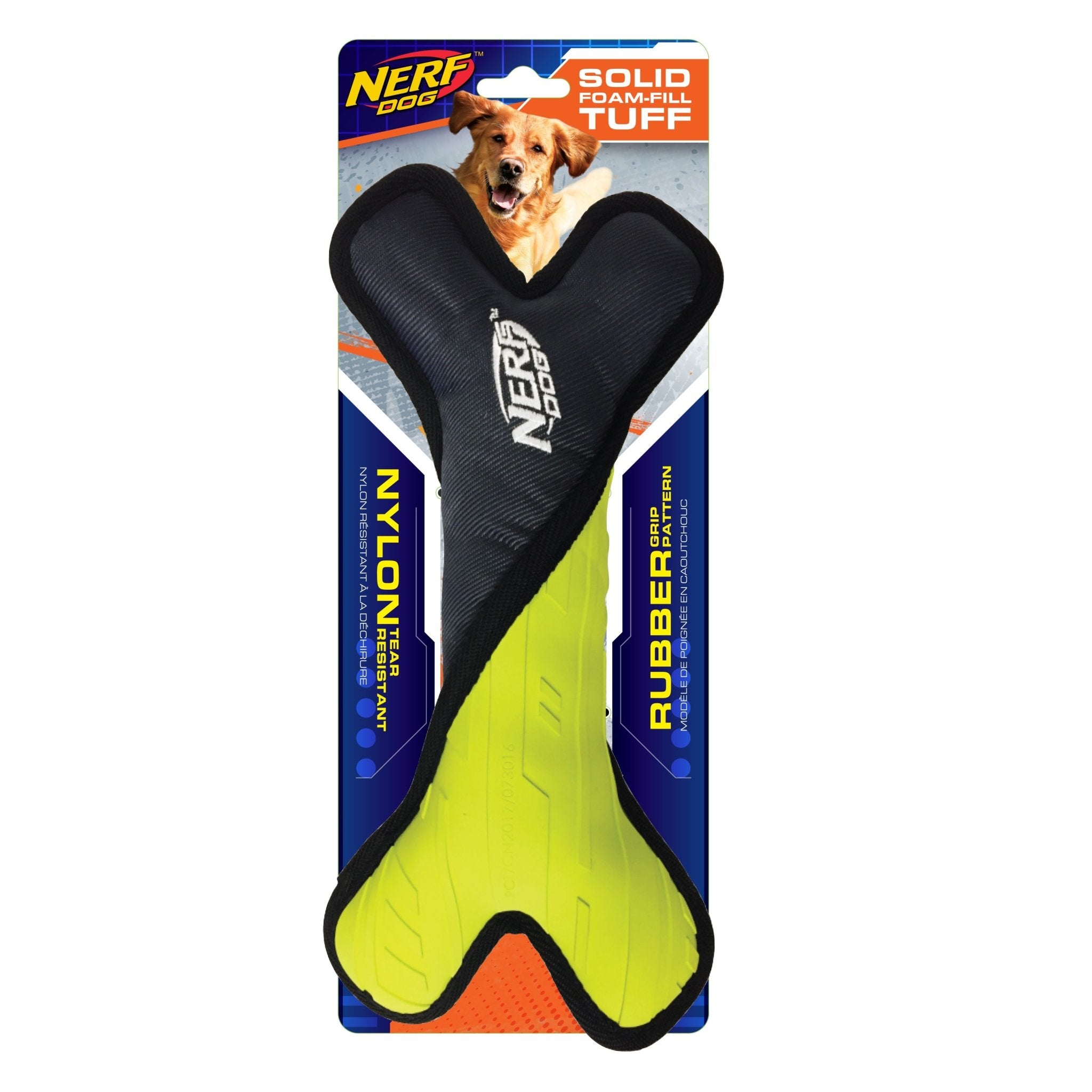 Nerf Tuff Rubber Nylon Plush Bone Ploy Filled Dog Toy - Green/blue