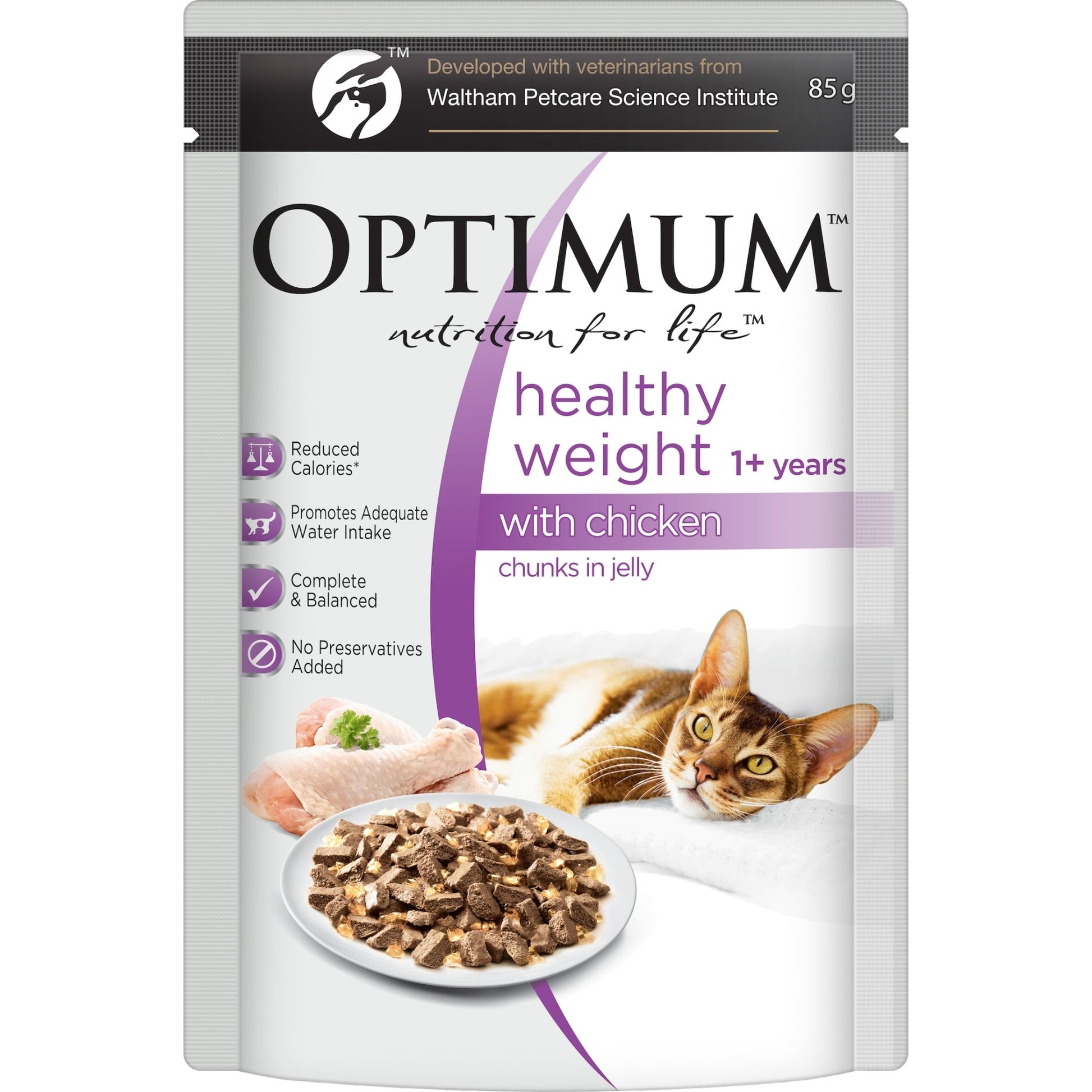 Optimum Wet Cat Food Healthy Weight Chicken Chunks in Jelly 12x85g - Woonona Petfood & Produce