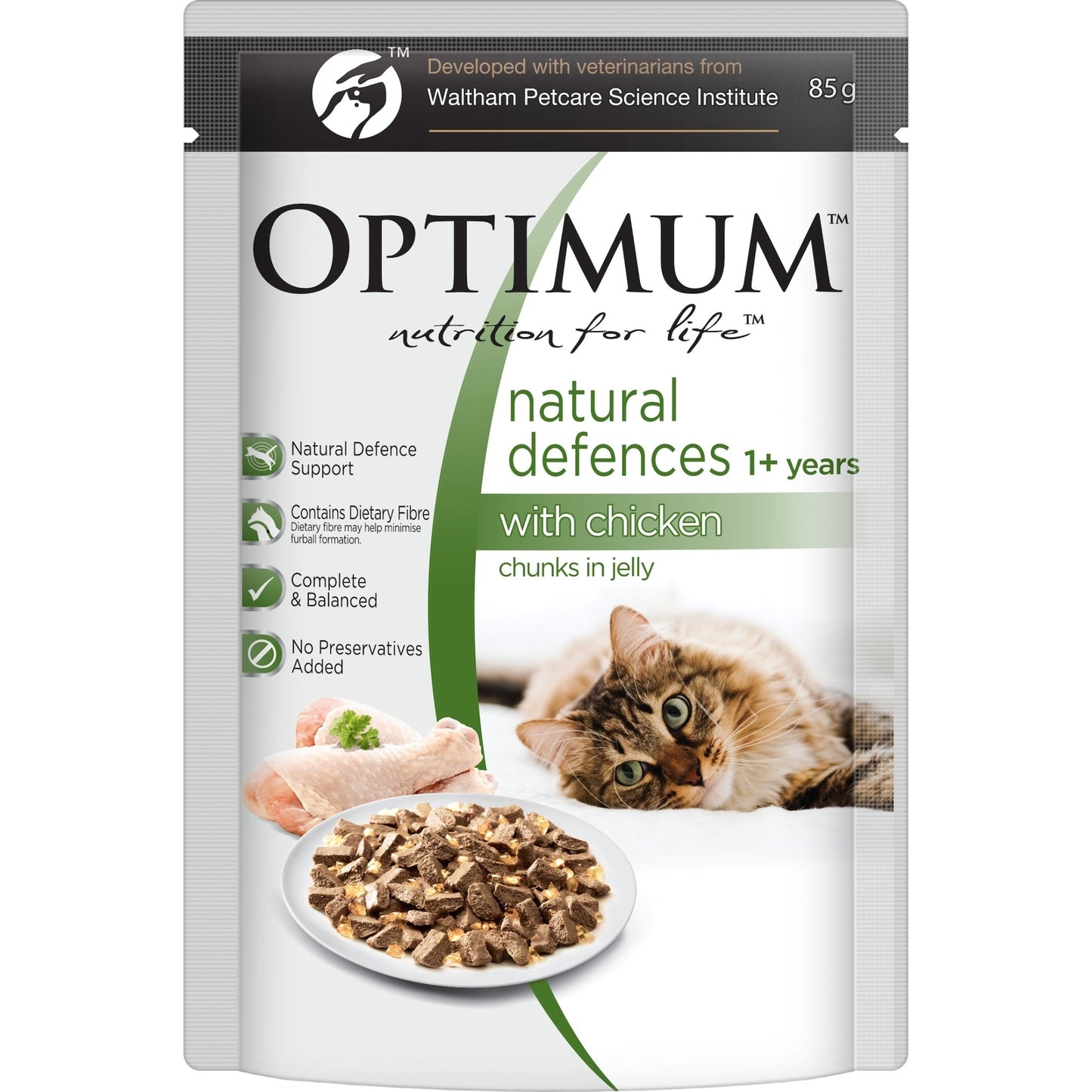 Optimum Wet Cat Food Natural Defences Chicken and Skin & Coat Salmon 12x85g - Woonona Petfood & Produce