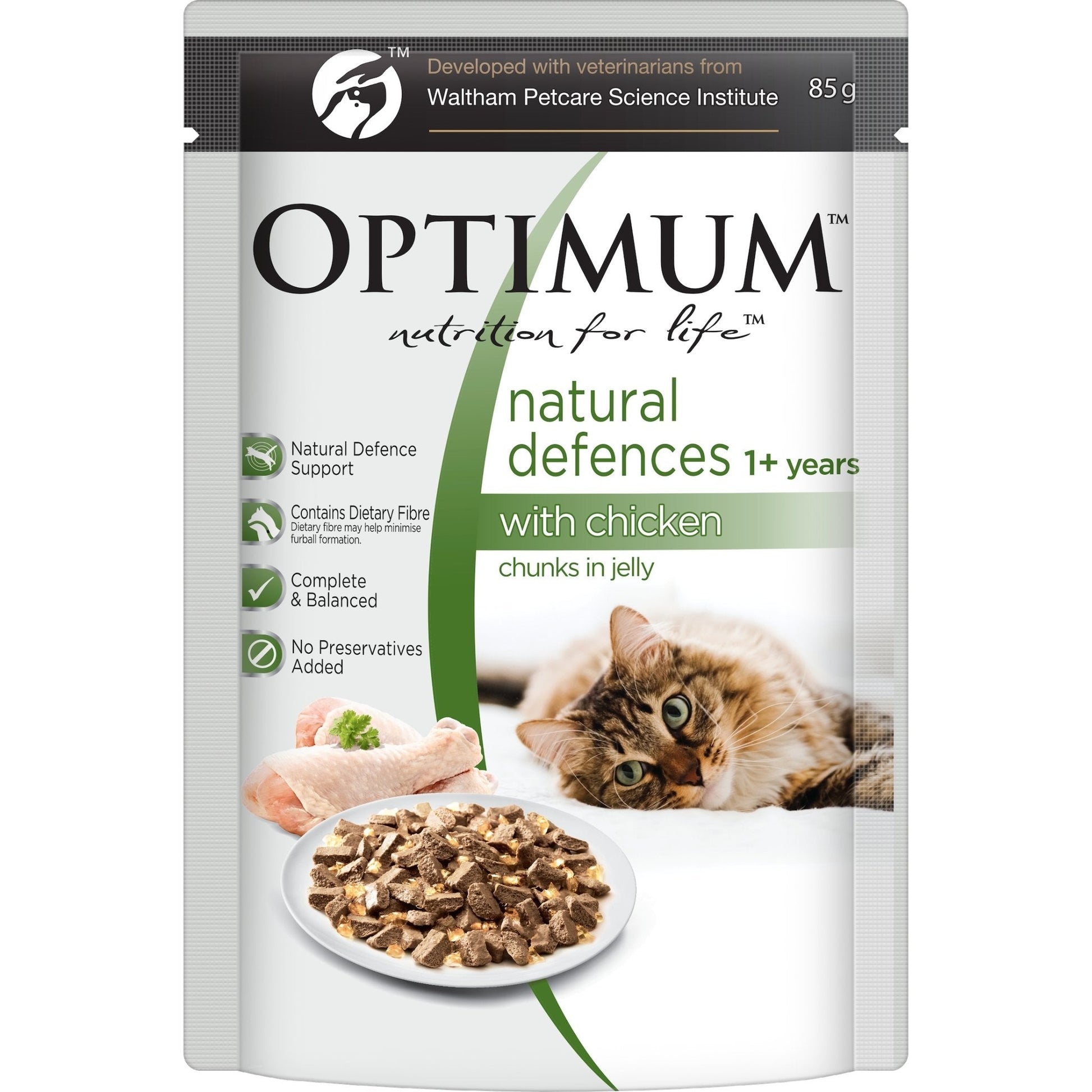 Optimum Wet Cat Food Natural Defences Chunks in Jelly Chicken 85g - Woonona Petfood & Produce