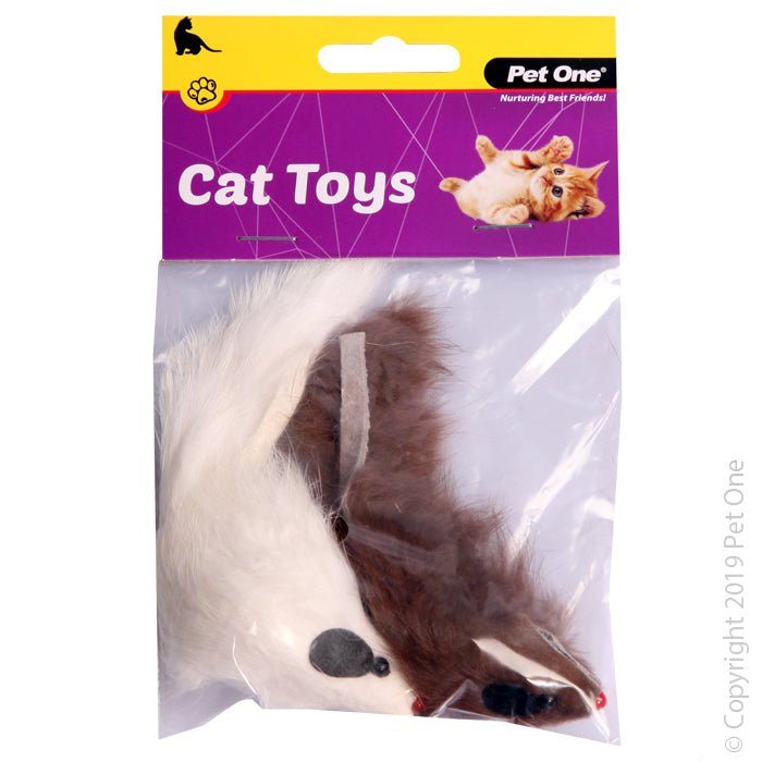 Pet One Cat Toy Mouse 2 Pack Brown White - Woonona Petfood & Produce