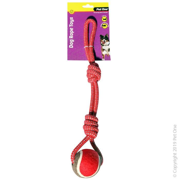 Pet One Dog Toy Rope 2 Knot With Tennis Ball Red/Blue 43cm - Woonona Petfood & Produce