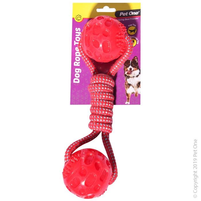 Pet One Dog Toy Rope With Dumbell TPR Balls Red 28cm - Woonona Petfood & Produce