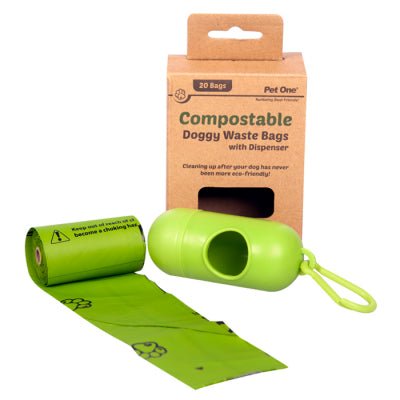 Pet One Doggy Waste Bags Compostable 1 Roll X 20 Bags Per Roll & Dispenser - Woonona Petfood & Produce
