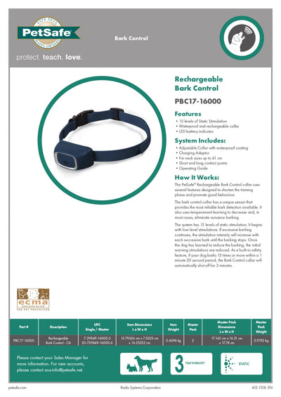 Petsafe Rechargeable Bark Control Static Stimulation Collar - Woonona Petfood & Produce