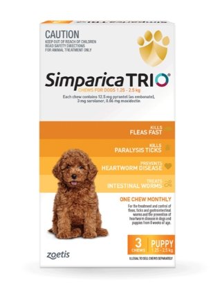 Simparica Trio 1.25kg - 2.5kg Dog Flea, Tick & Worm Chew 3 Pack - Woonona Petfood & Produce