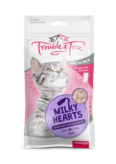 Trouble & Trix Cat Treats Milky Hearts 70g - Woonona Petfood & Produce